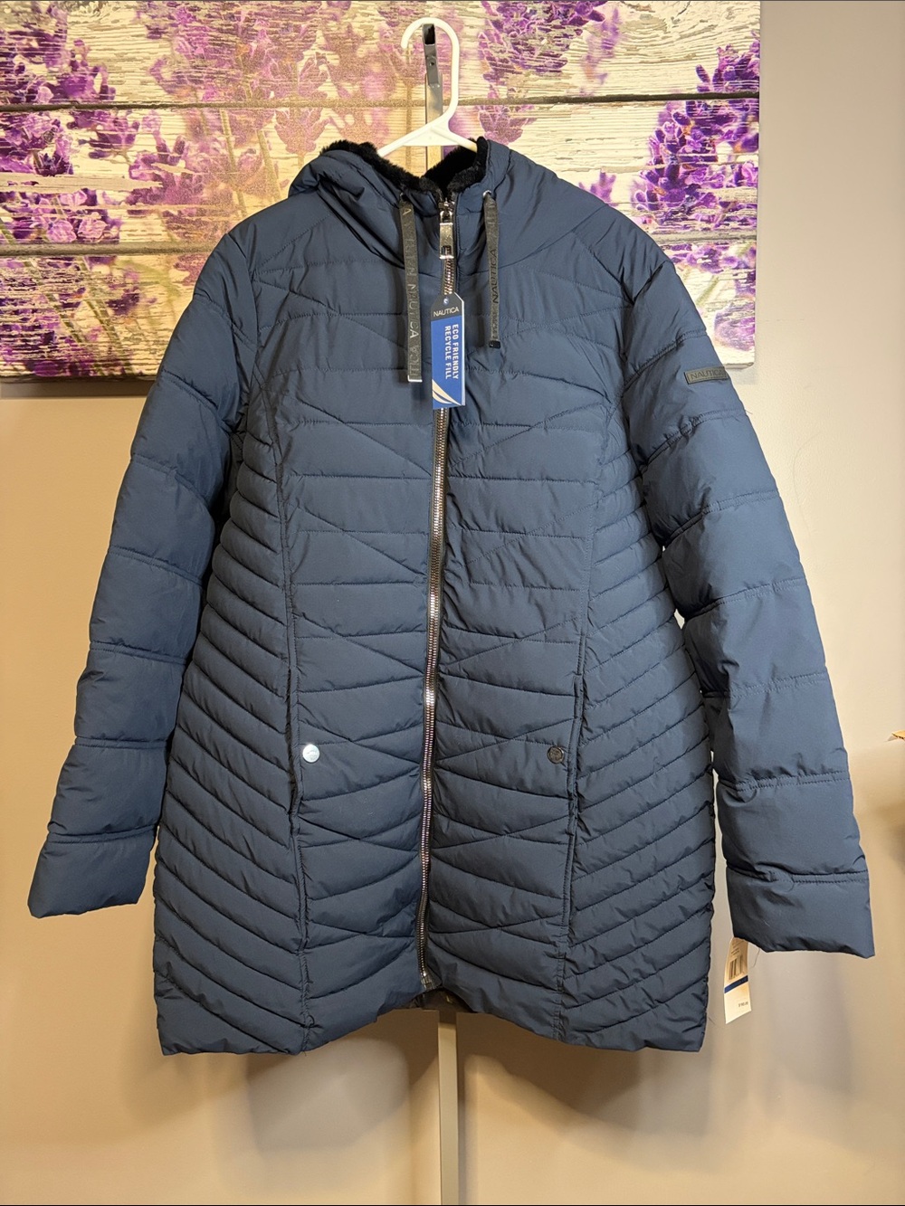 Nautica Women's Dark Navy Quilted Hooded Puffer Jacket Faux Fur Hood Size XL NWT